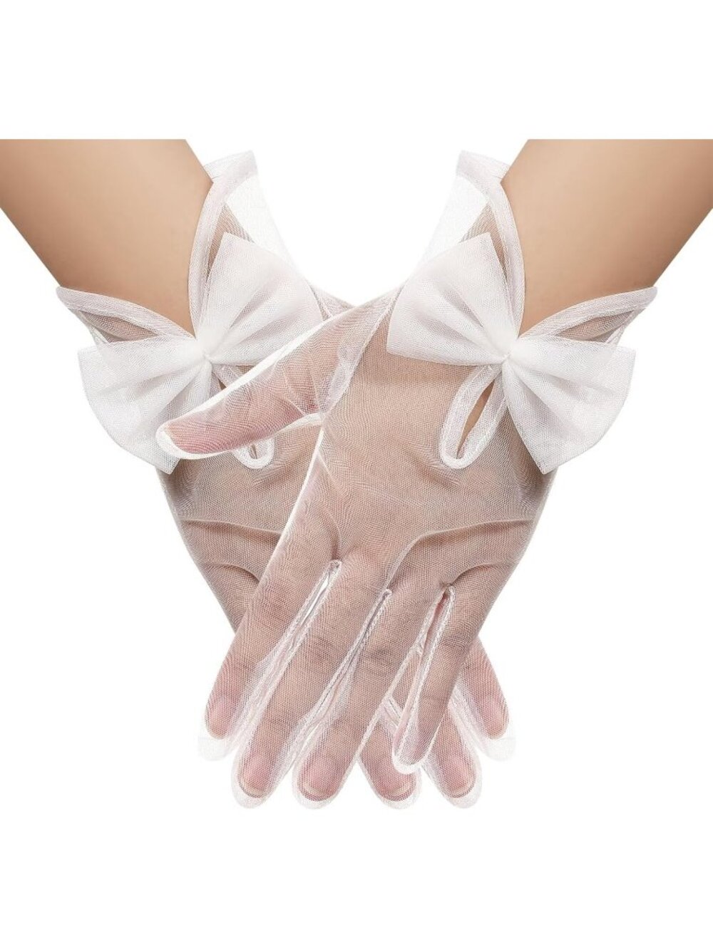 Women's White Short Sheer Mesh Gloves Lace Cocktail Opera Tea Party Gloves